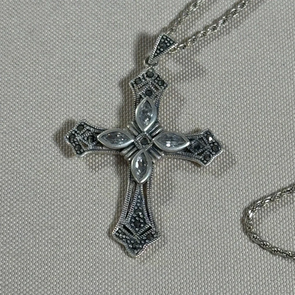 Sterling Silver Cross Necklace Marcasite Clear Crystal 18 in Italian Chain *FLAW